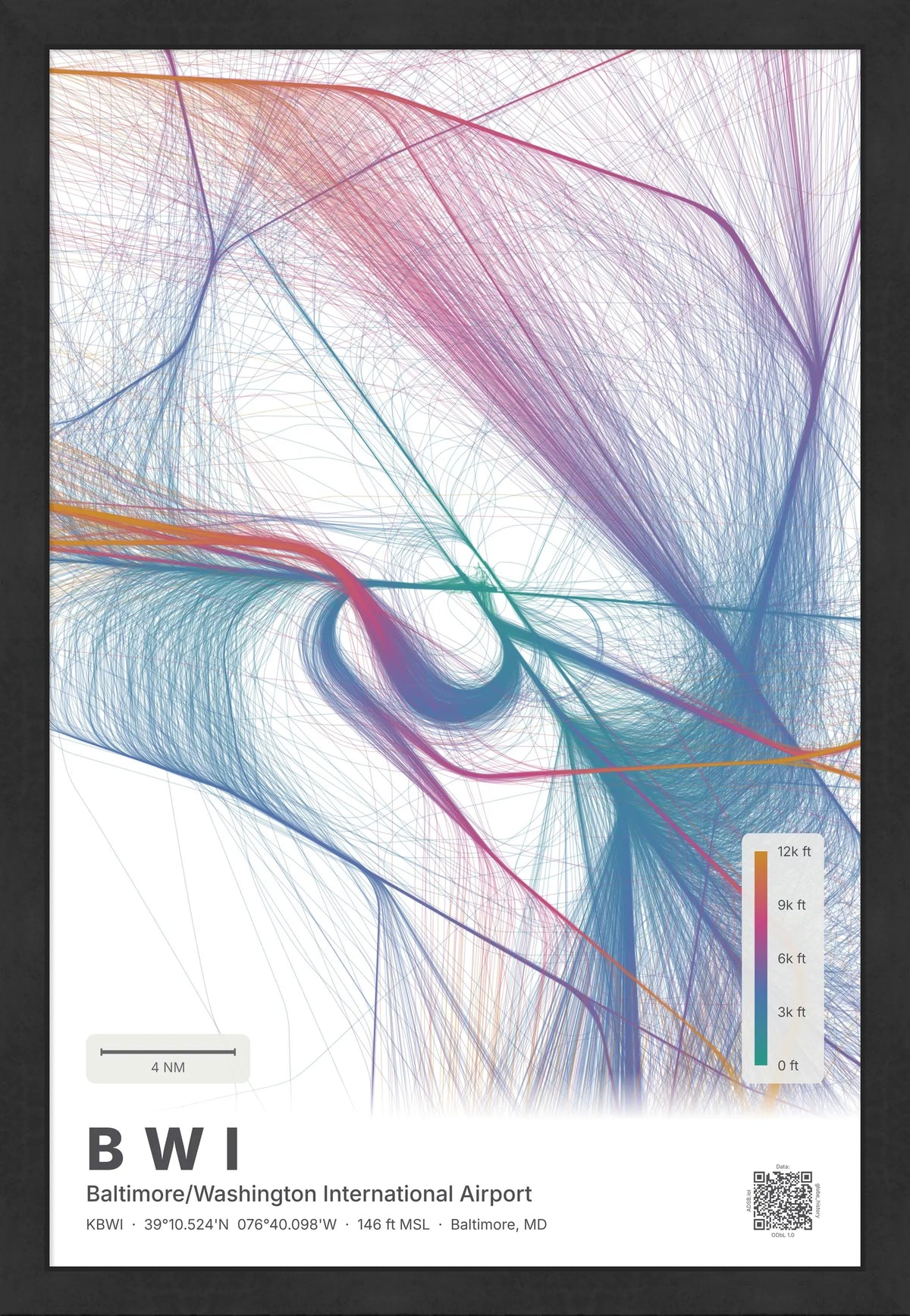 BWI flight path print — Aurora theme · Light [material:framed_black]