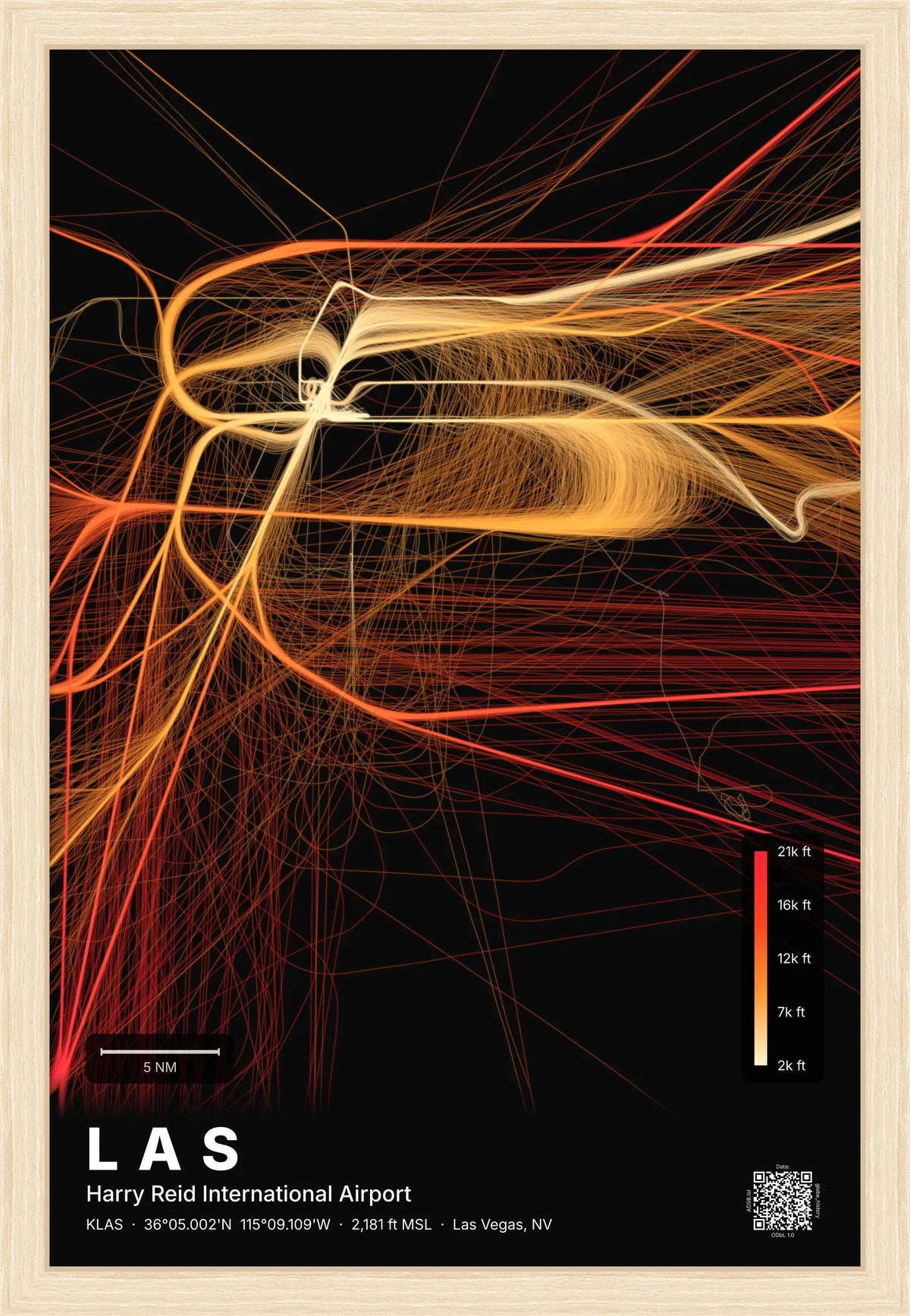 LAS flight path print — Inferno theme · Dark [material:framed_natural]