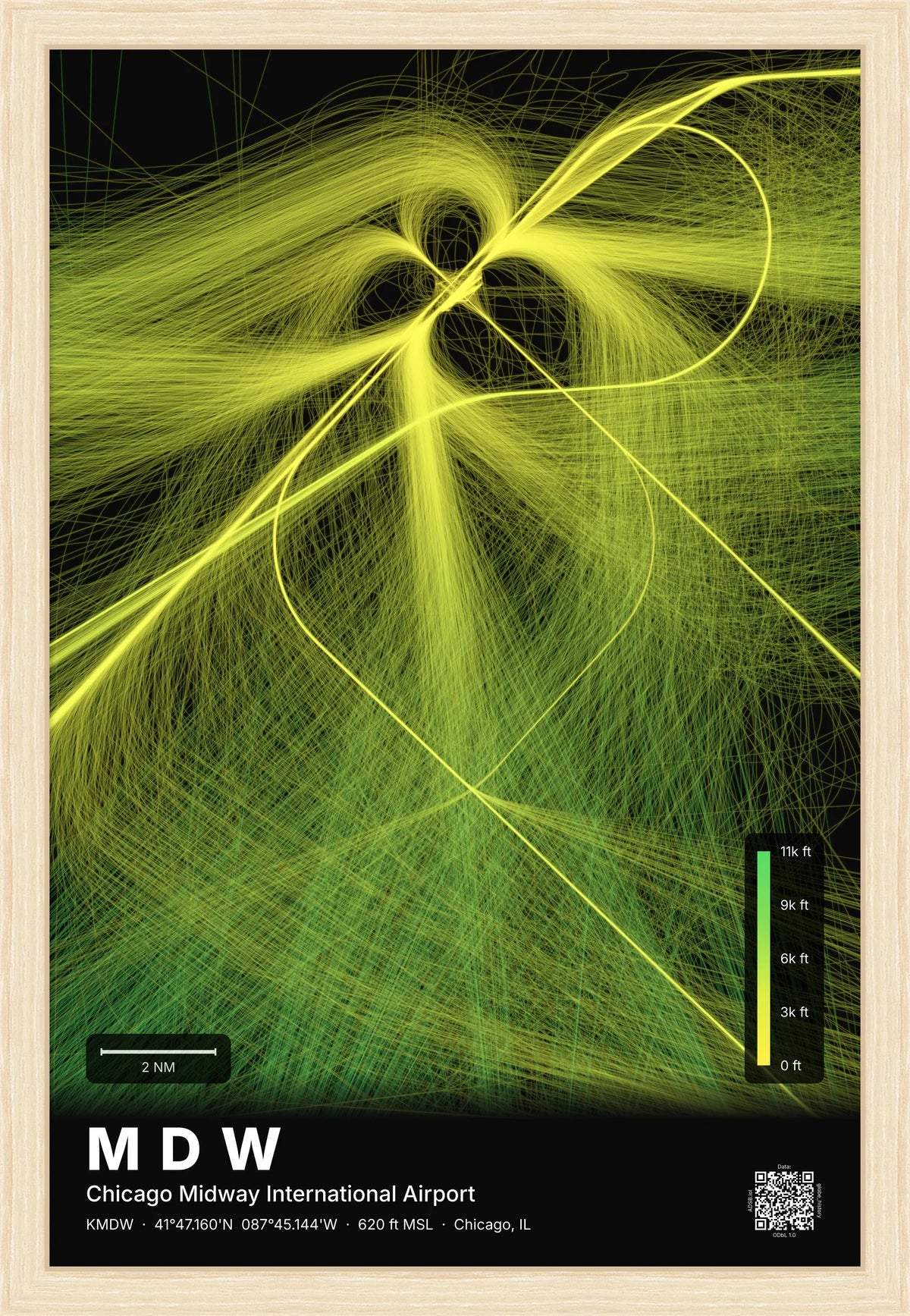 MDW flight path print — Citrus theme · Dark [material:framed_natural]