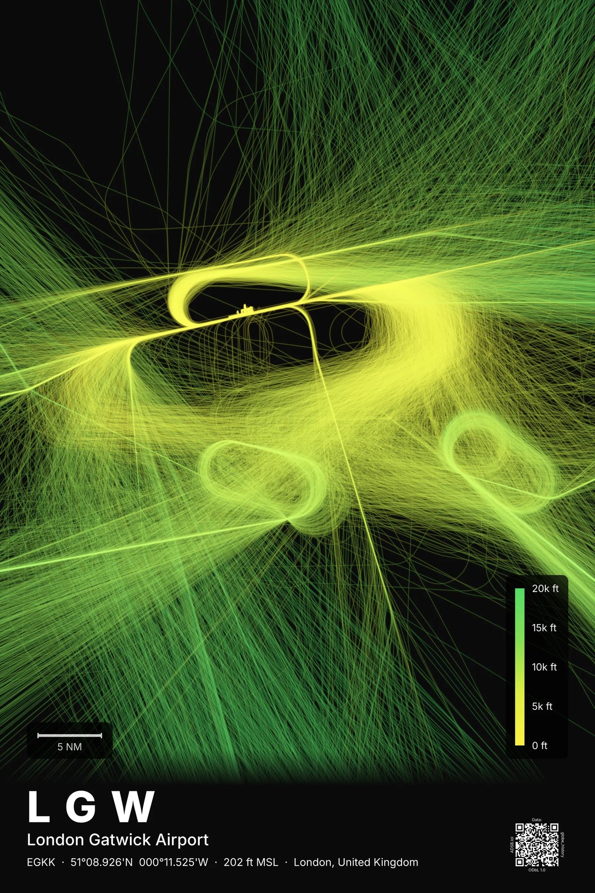LGW flight path map — Citrus theme · Dark