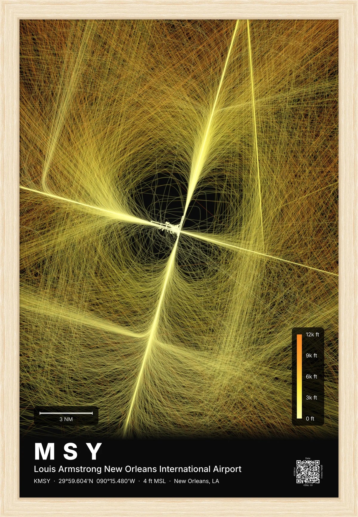 MSY flight path print — Solana theme · Dark [material:framed_natural]