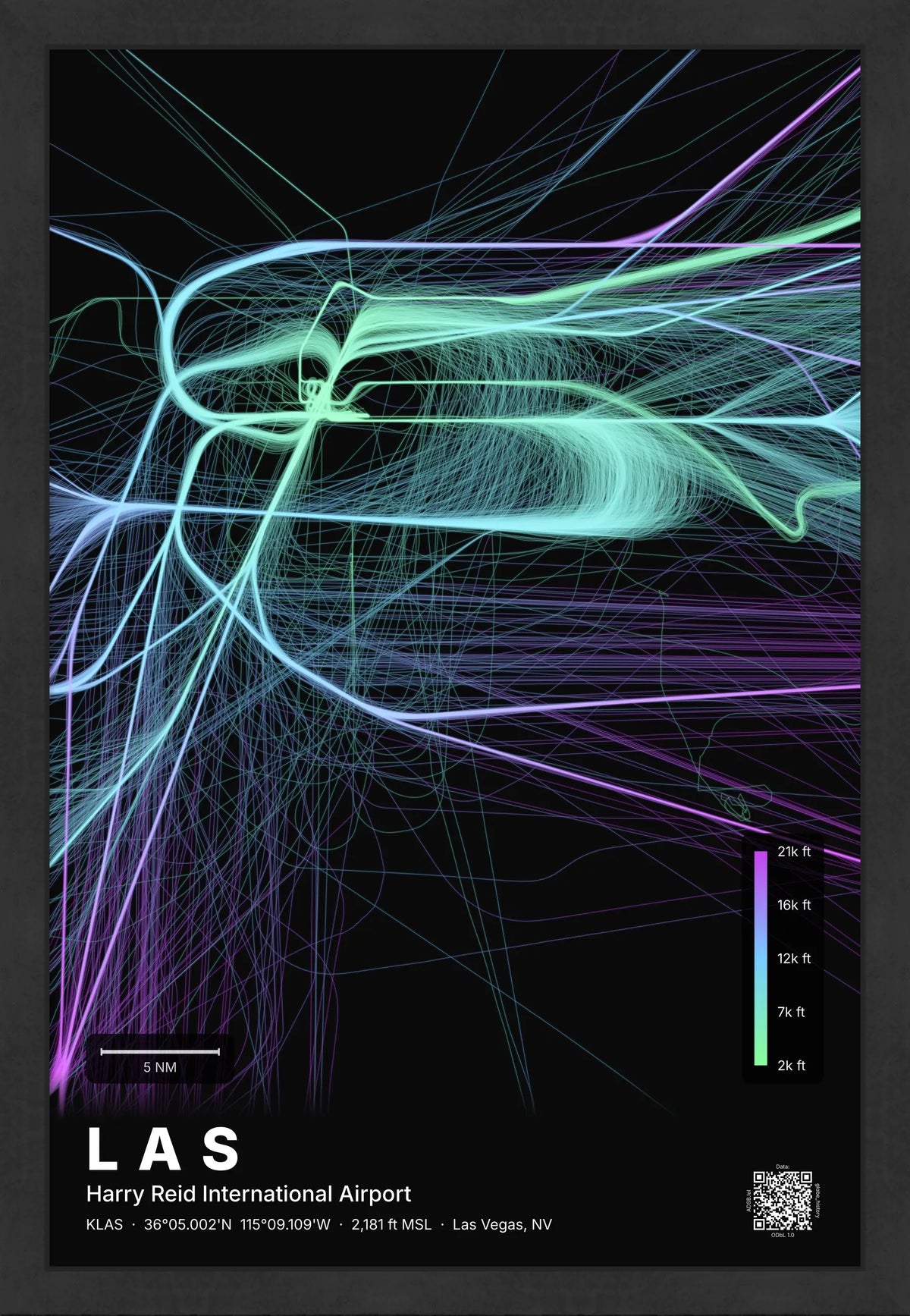 LAS flight path print — Prism theme · Dark [material:framed_black]