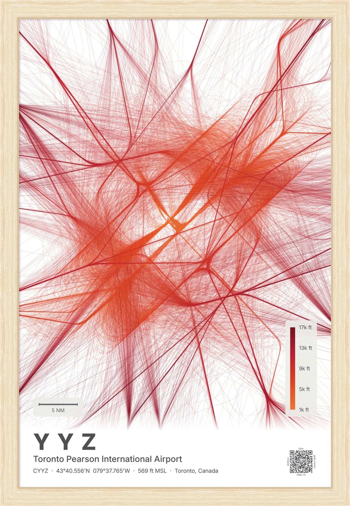 YYZ flight path map — Inferno theme · Light [material:framed_natural]