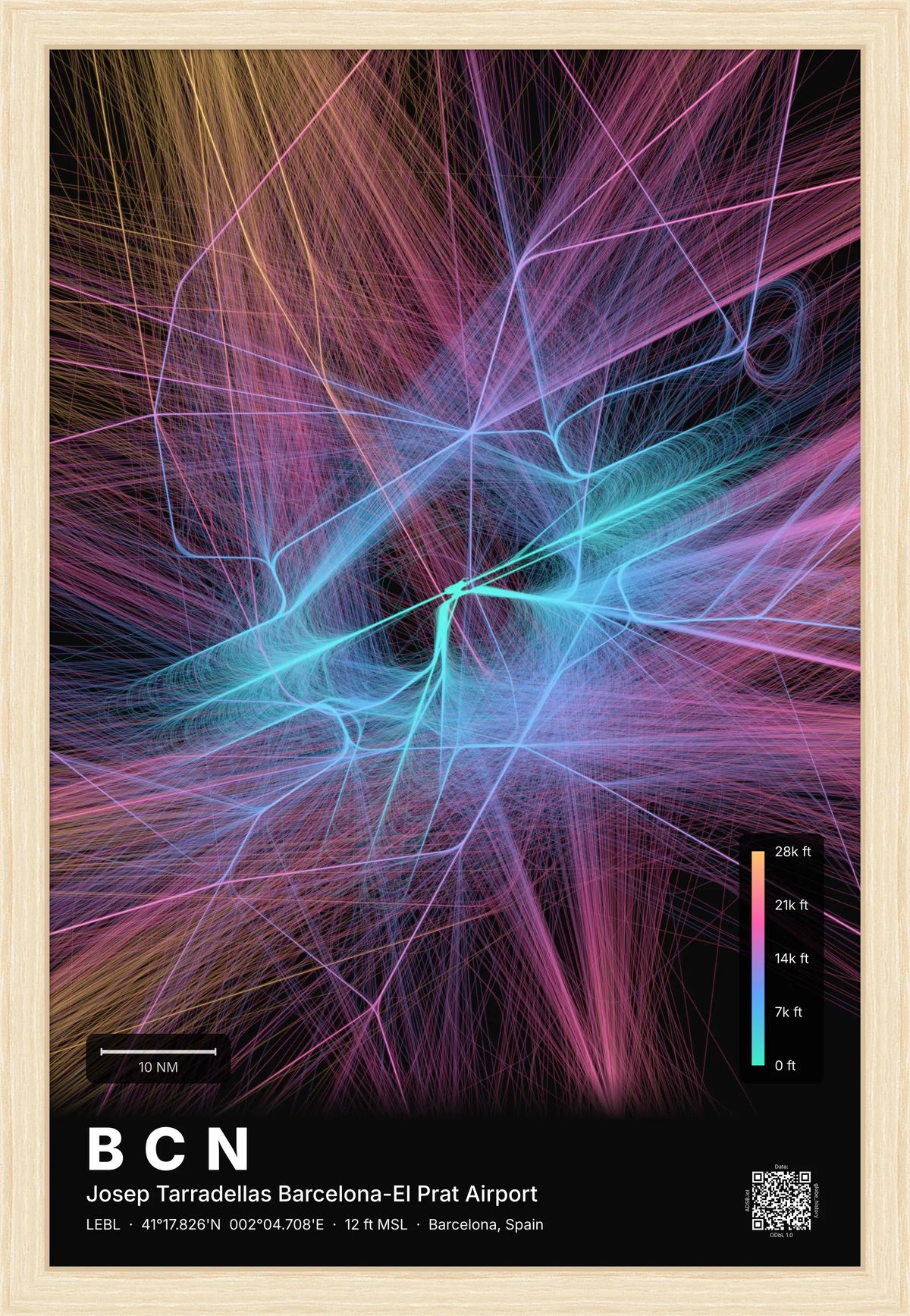 BCN flight path map — Aurora theme · Dark [material:framed_natural]
