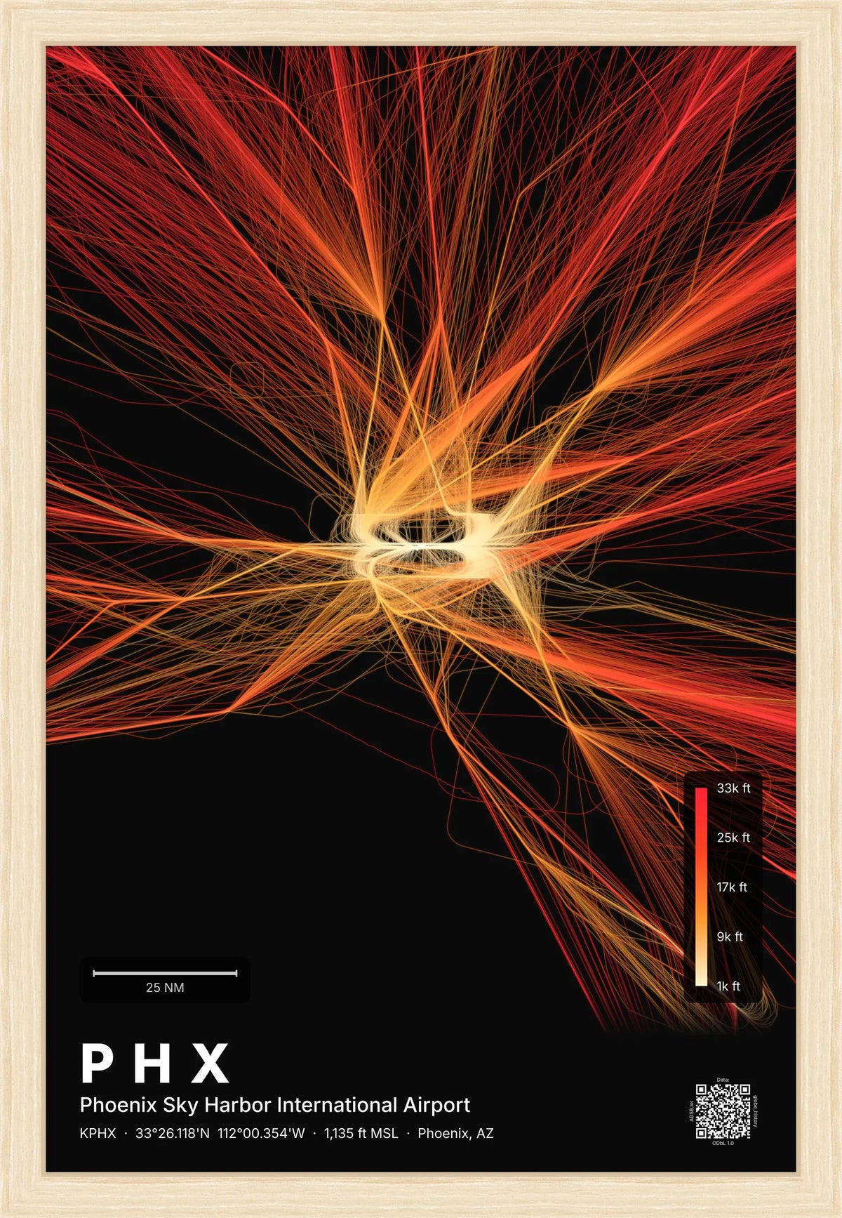 PHX flight path print — Inferno theme · Dark [material:framed_natural]