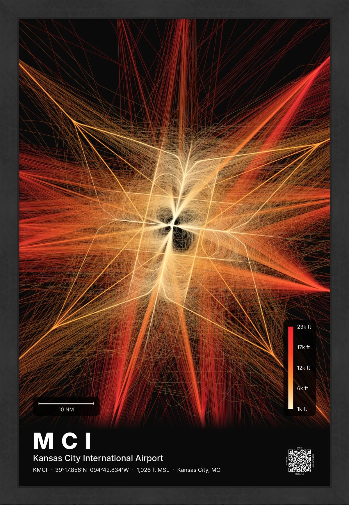 MCI flight path print — Inferno theme · Dark [material:framed_black]
