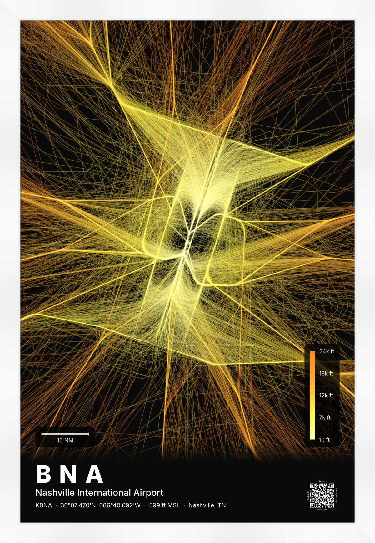 BNA flight path print — Solana theme · Dark [material:framed_white]