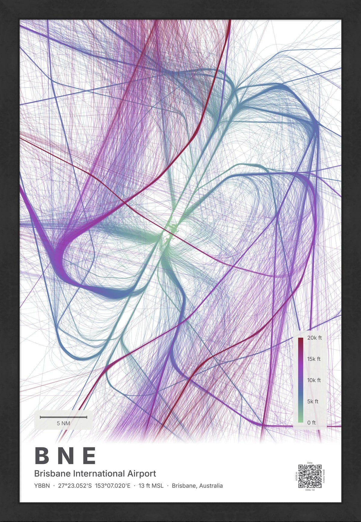 BNE flight path map — Prism theme · Light [material:framed_black]