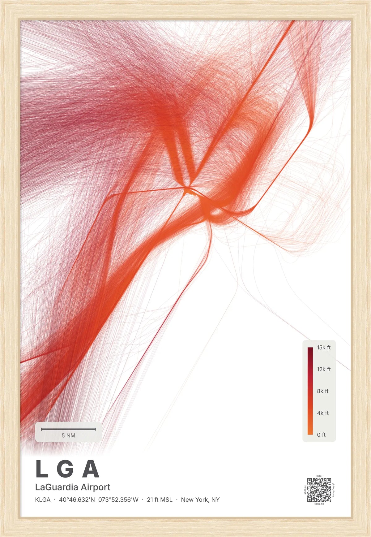 LGA flight path print — Inferno theme · Light [material:framed_natural]