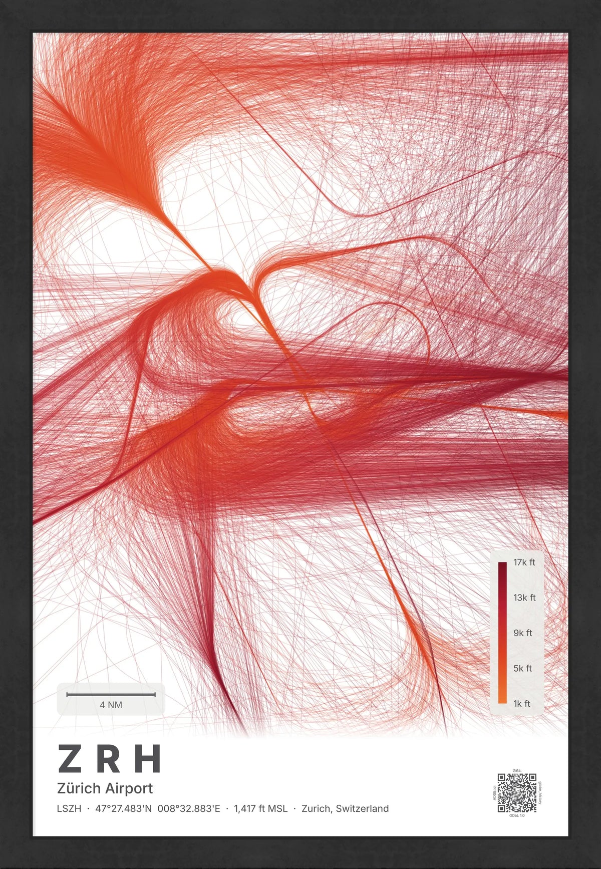ZRH flight path map — Inferno theme · Light [material:framed_black]