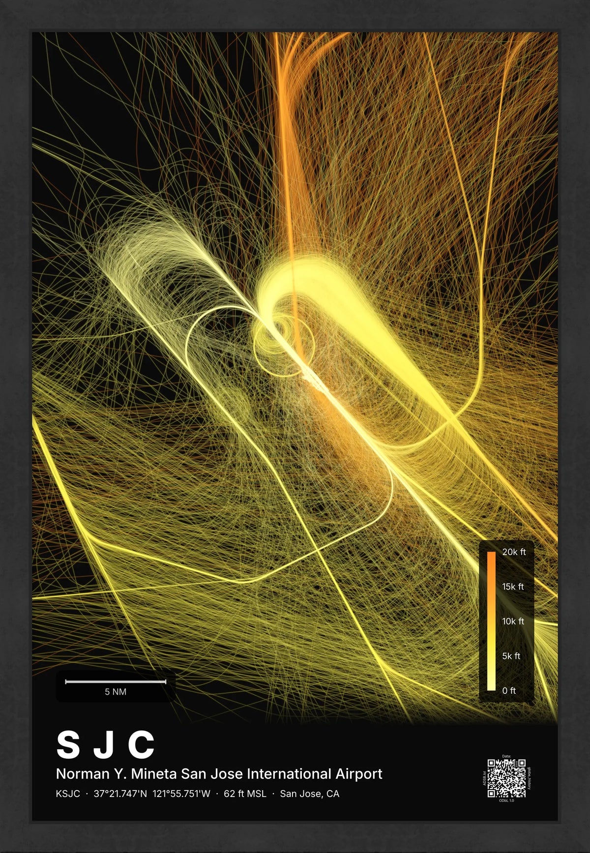 SJC flight path map — Solana theme · Dark [material:framed_black]