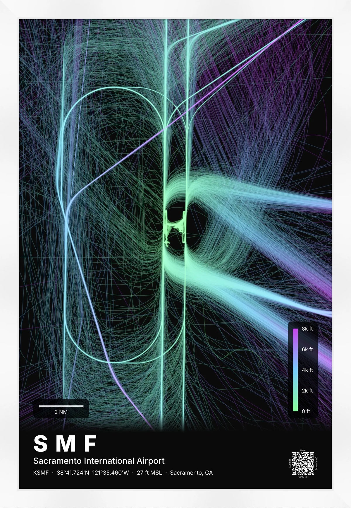 SMF flight path print — Prism theme · Dark [material:framed_white]