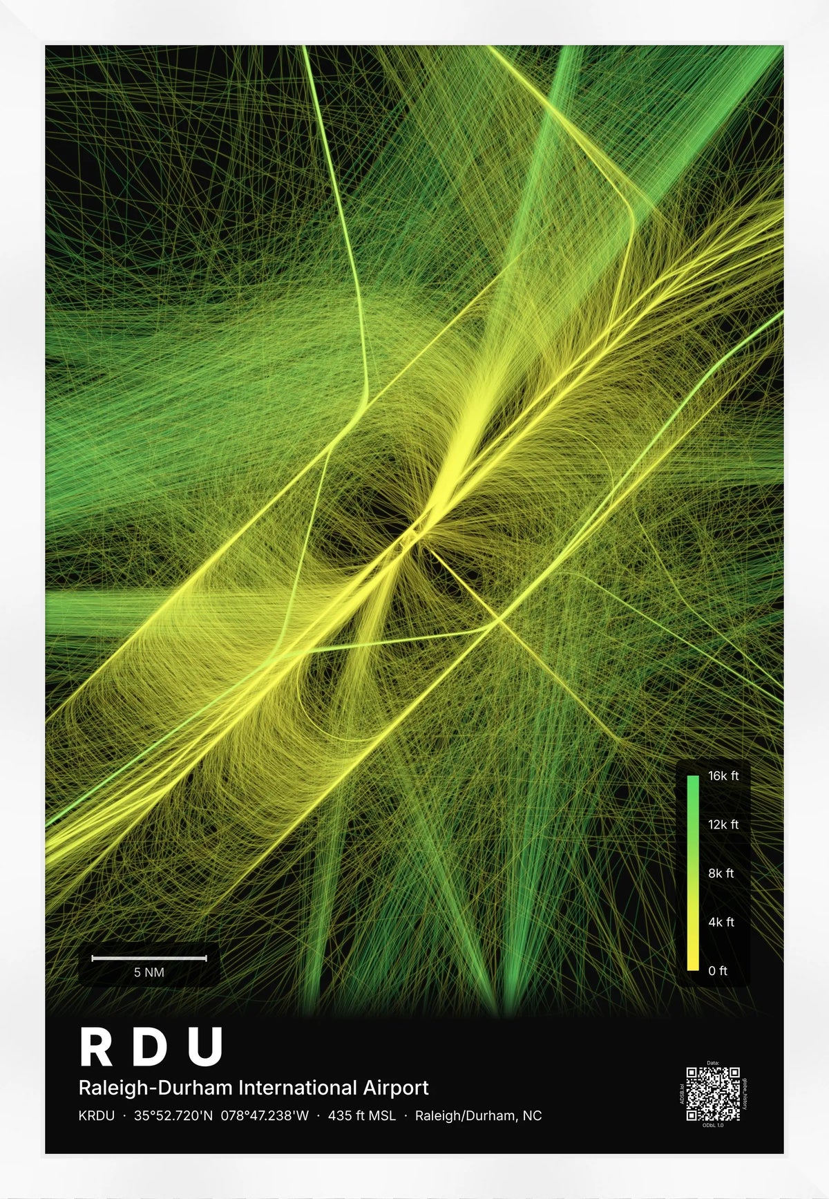 RDU flight path print — Citrus theme · Dark [material:framed_white]