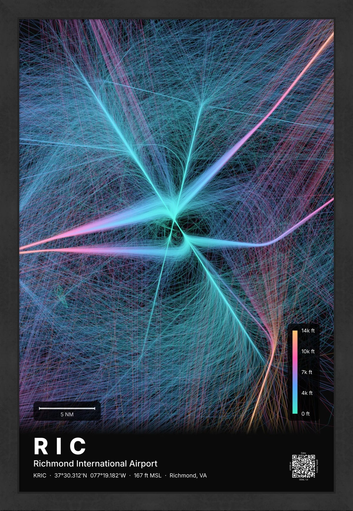 RIC flight path print — Aurora theme · Dark [material:framed_black]