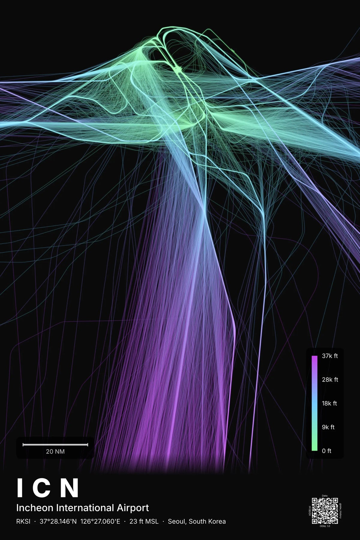 ICN flight path map — Prism theme · Dark