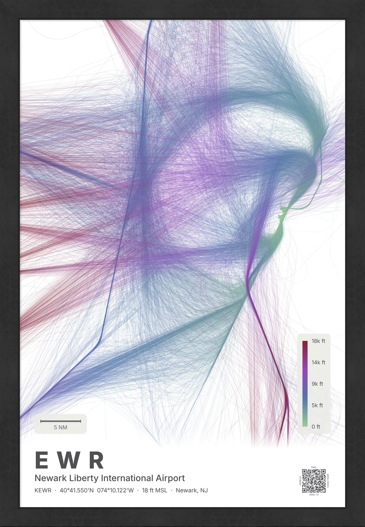 EWR flight path print — Prism theme · Light [material:framed_black]