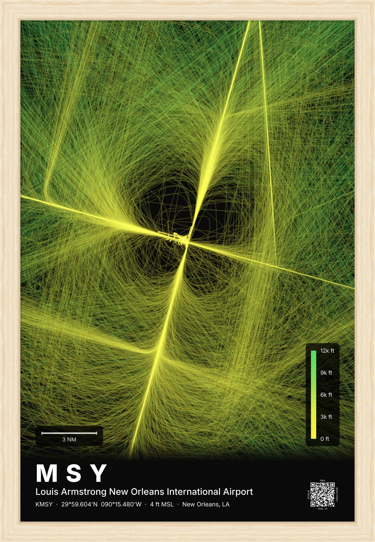 MSY flight path print — Citrus theme · Dark [material:framed_natural]