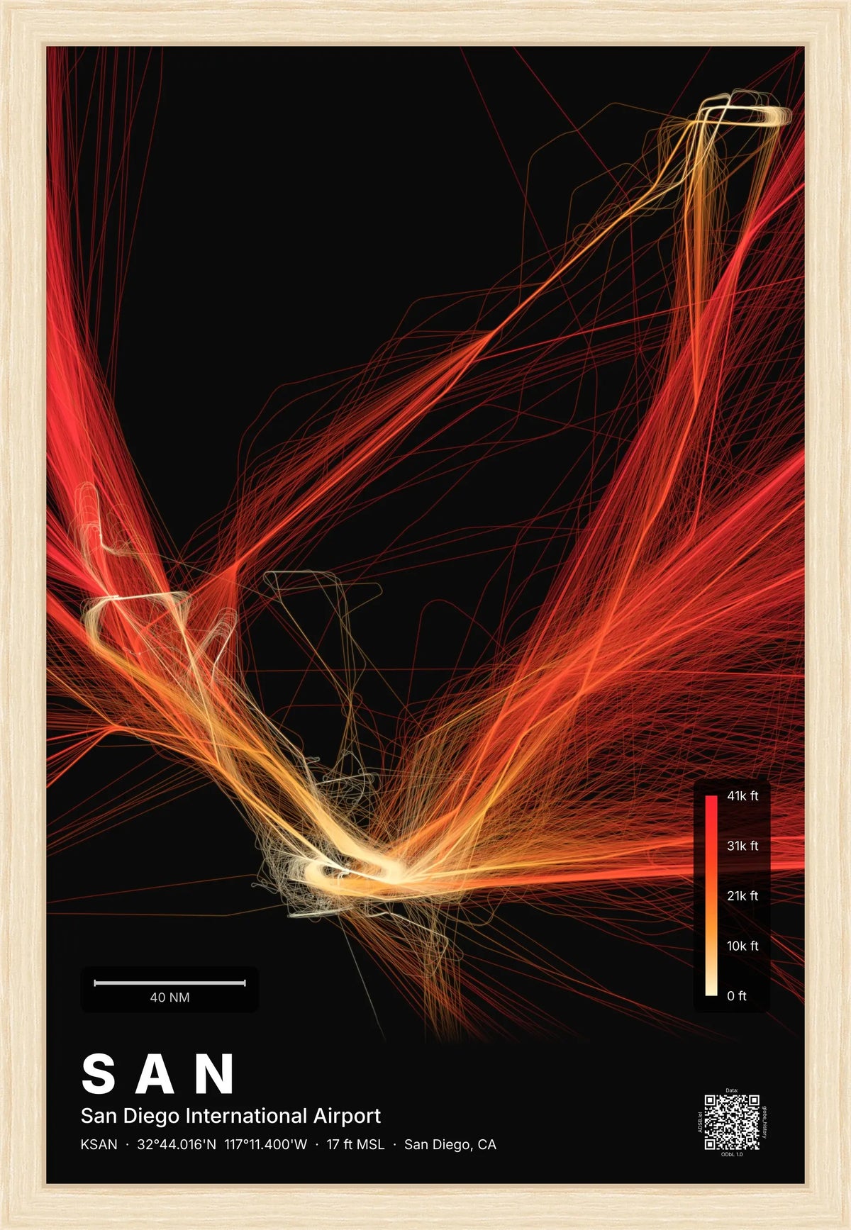 SAN flight path print — Inferno theme · Dark [material:framed_natural]