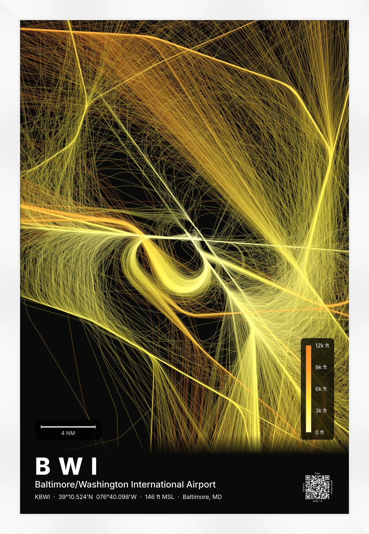 BWI flight path print — Solana theme · Dark [material:framed_white]