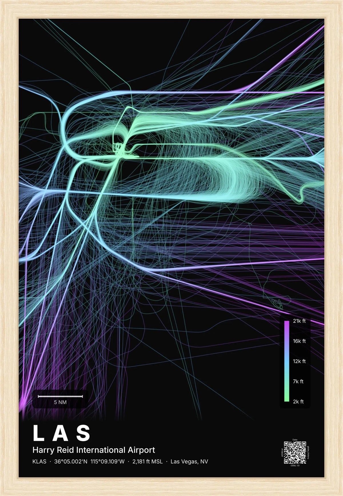LAS flight path print — Prism theme · Dark [material:framed_natural]