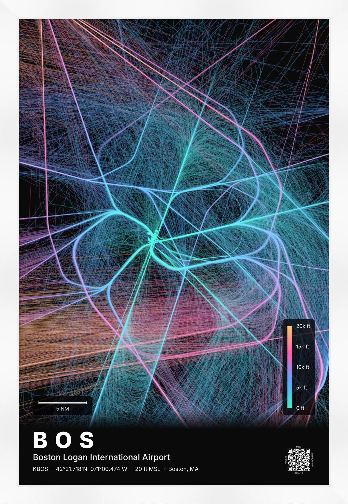 BOS flight path print — Aurora theme · Dark [material:framed_white]