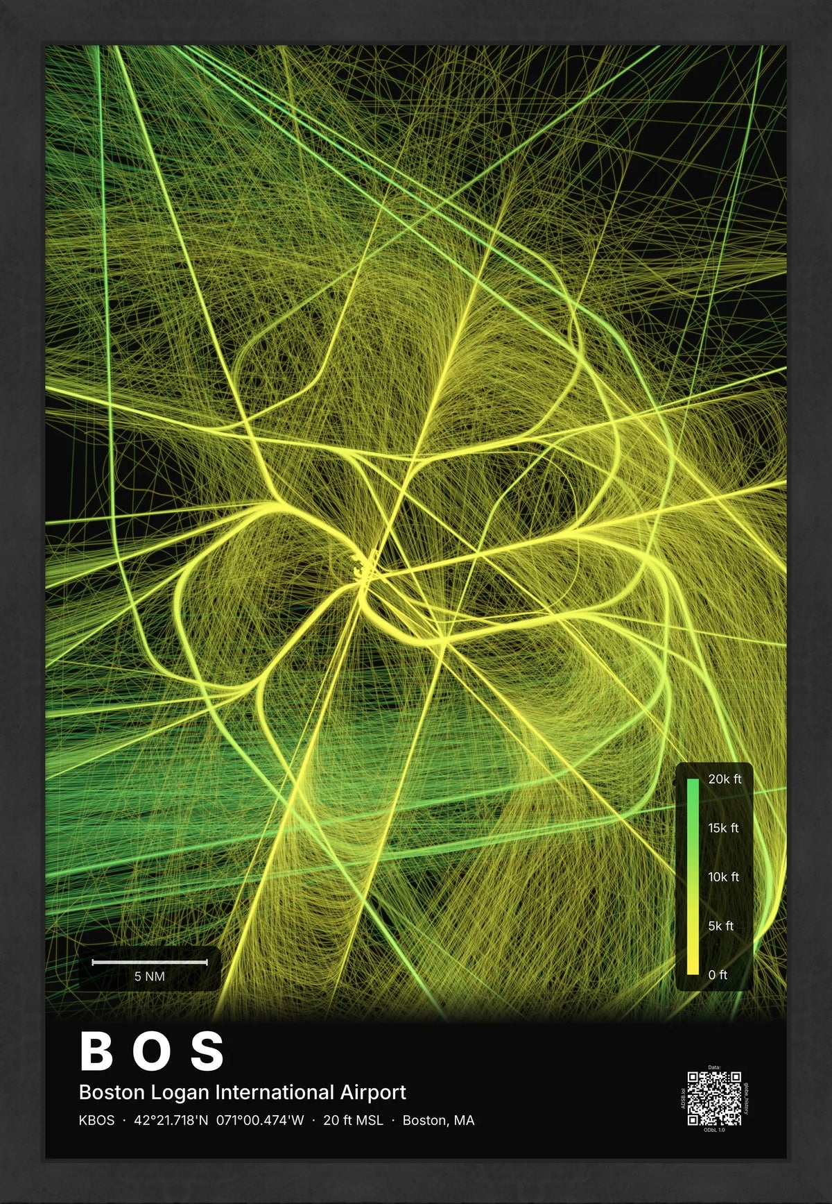 BOS flight path print — Citrus theme · Dark [material:framed_black]