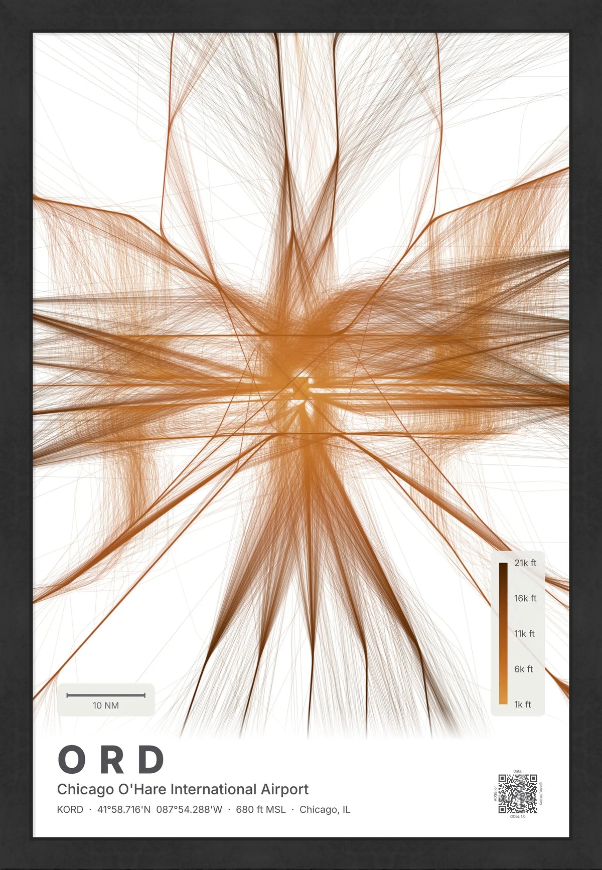 ORD flight path map — Solana theme · Light [material:framed_black]
