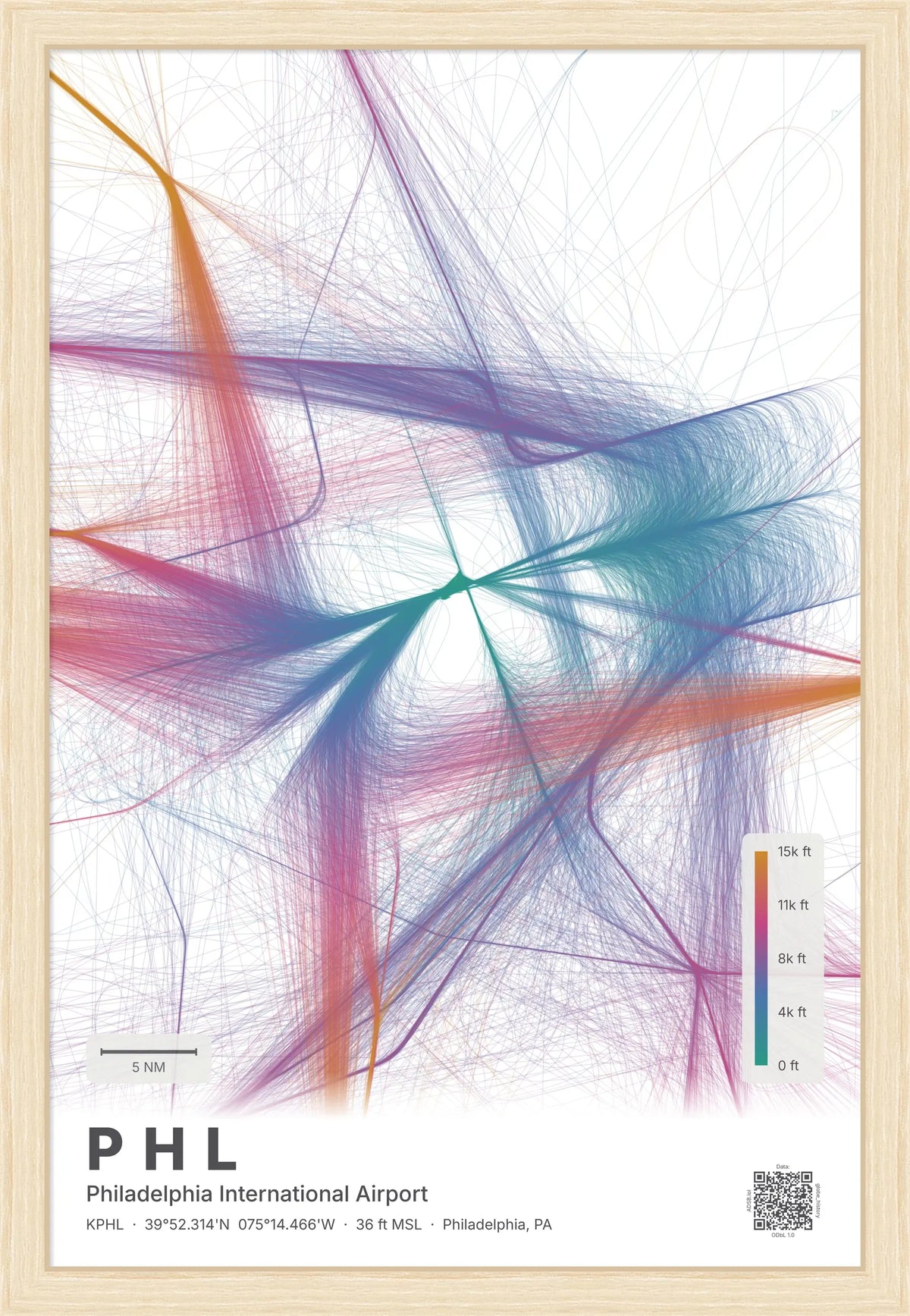 PHL flight path print — Aurora theme · Light [material:framed_natural]