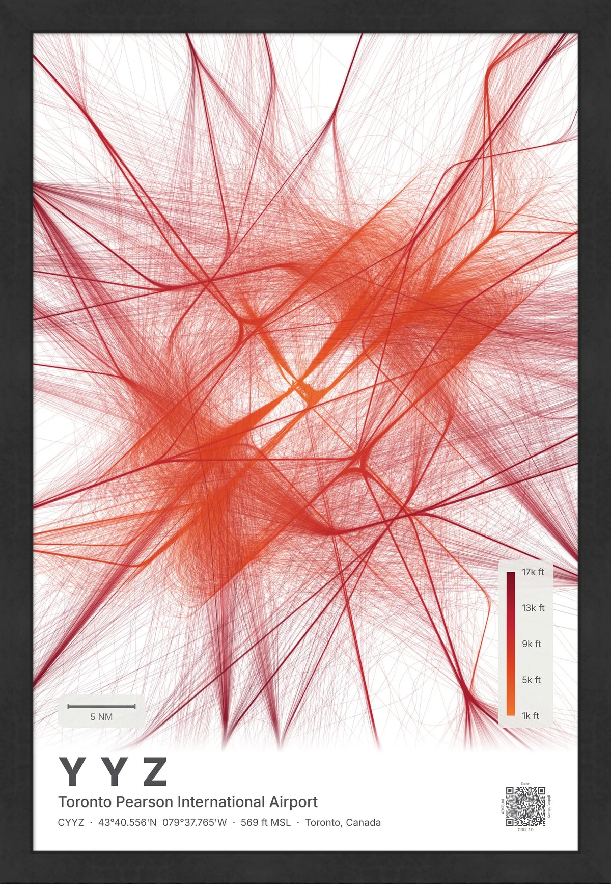 YYZ flight path map — Inferno theme · Light [material:framed_black]