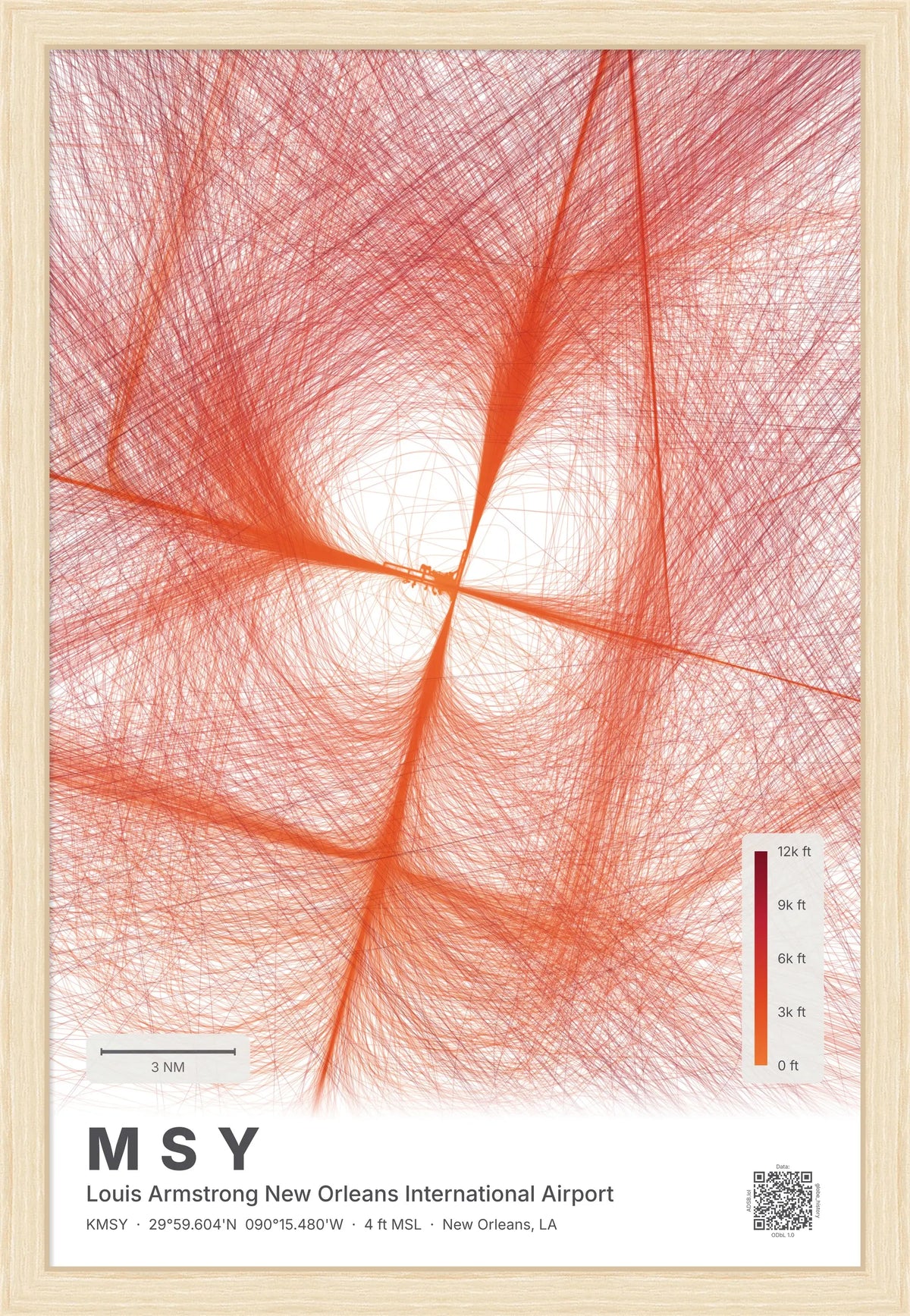 MSY flight path print — Inferno theme · Light [material:framed_natural]