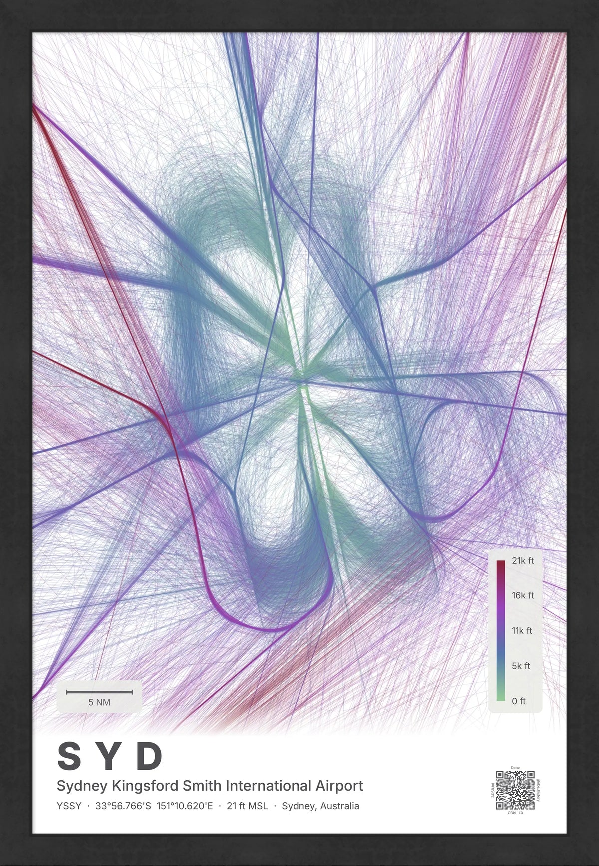 SYD flight path map — Prism theme · Light [material:framed_black]