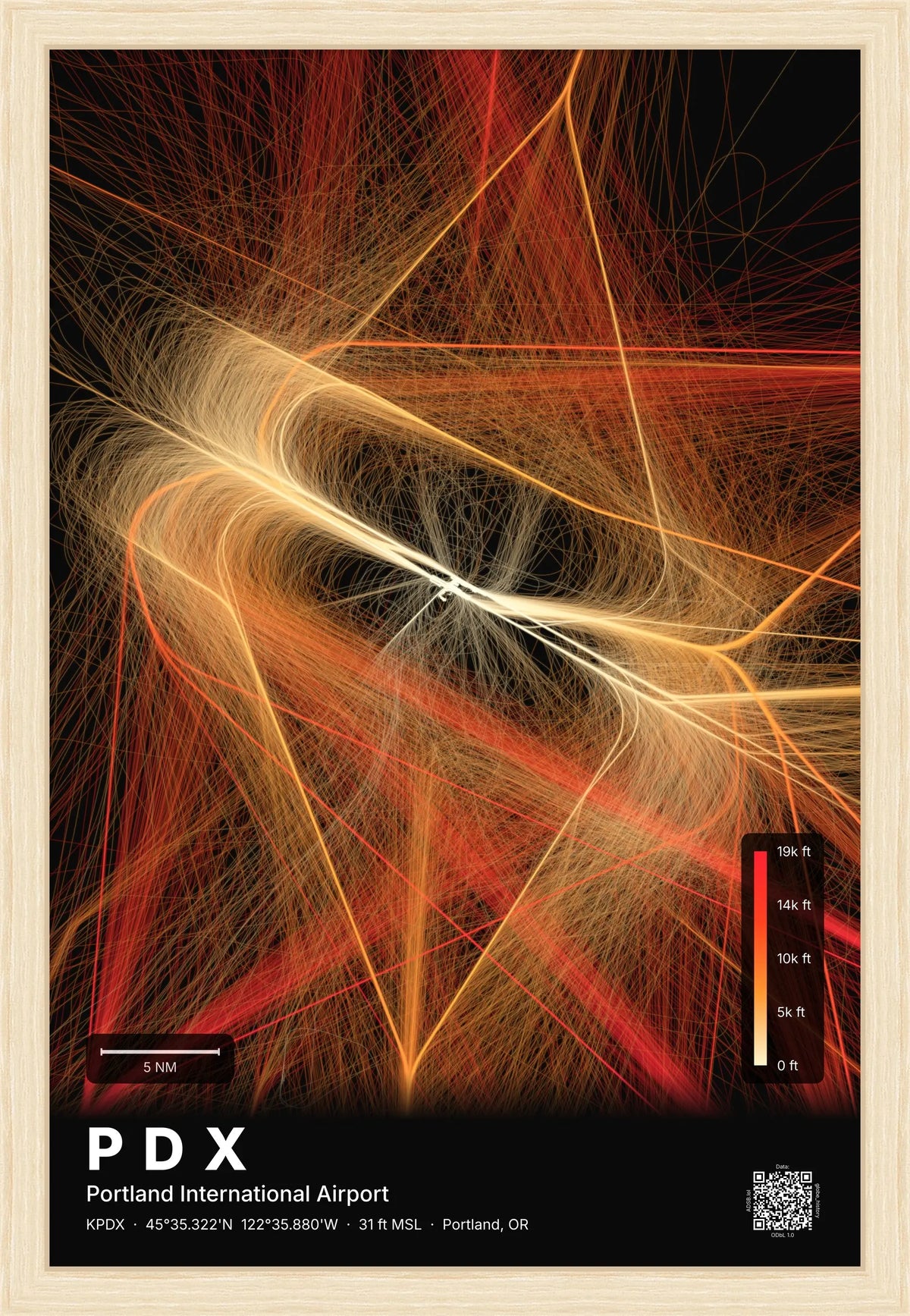 PDX flight path print — Inferno theme · Dark [material:framed_natural]