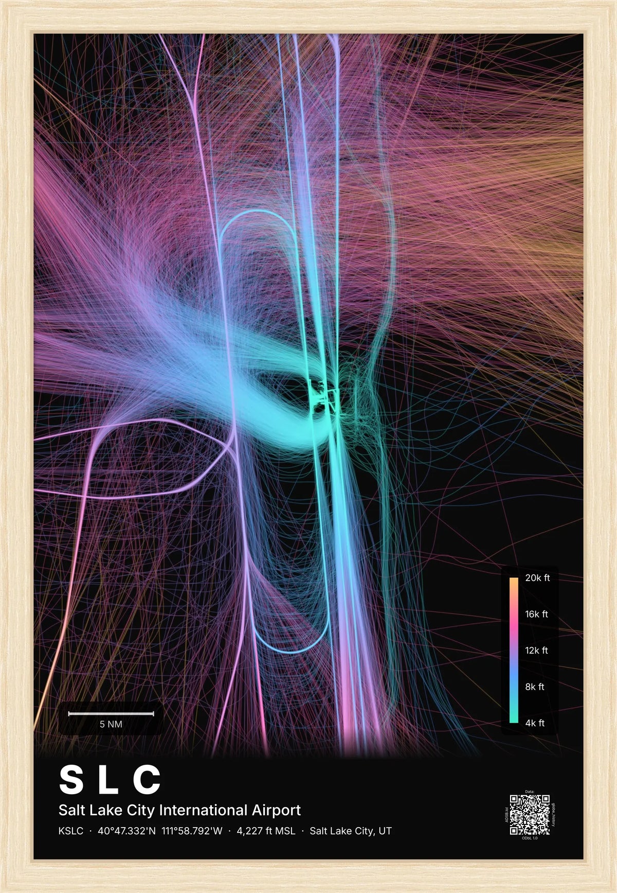 SLC flight path print — Aurora theme · Dark [material:framed_natural]
