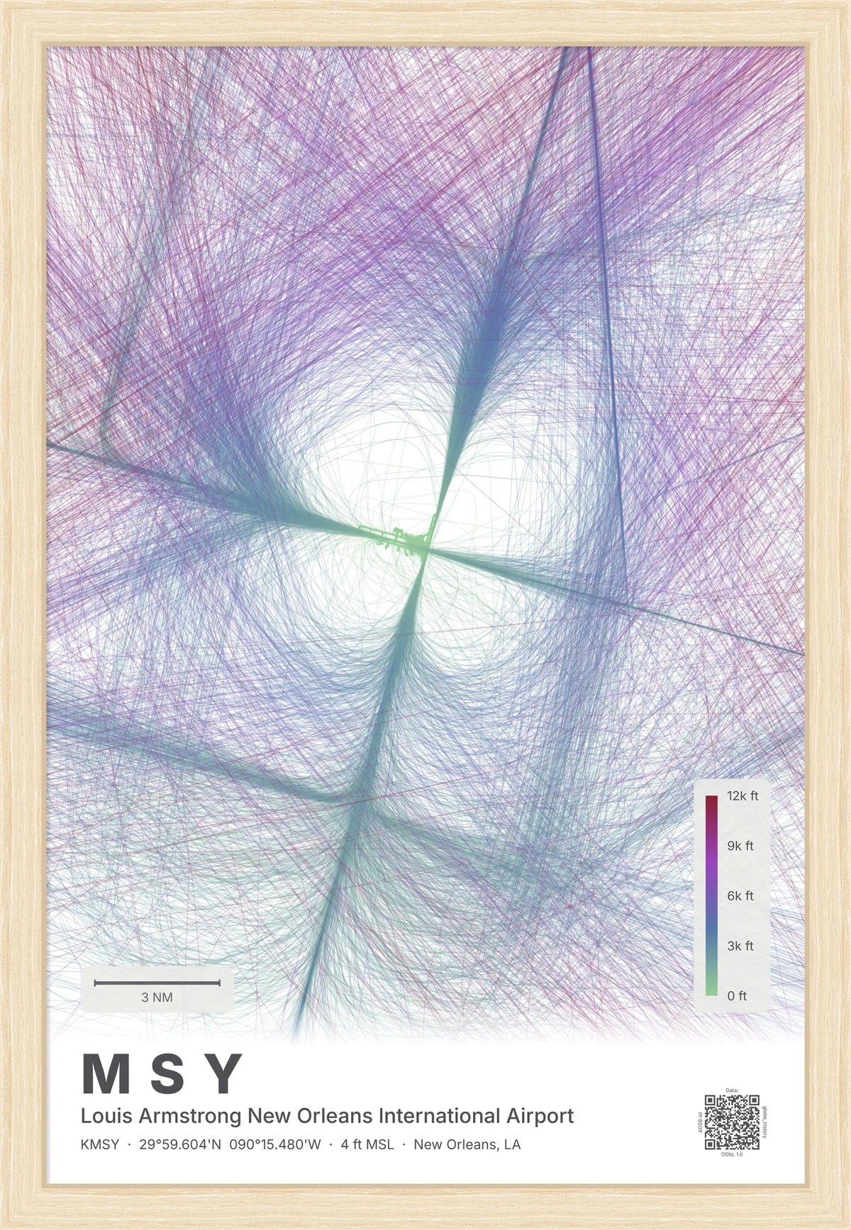 MSY flight path print — Prism theme · Light [material:framed_natural]