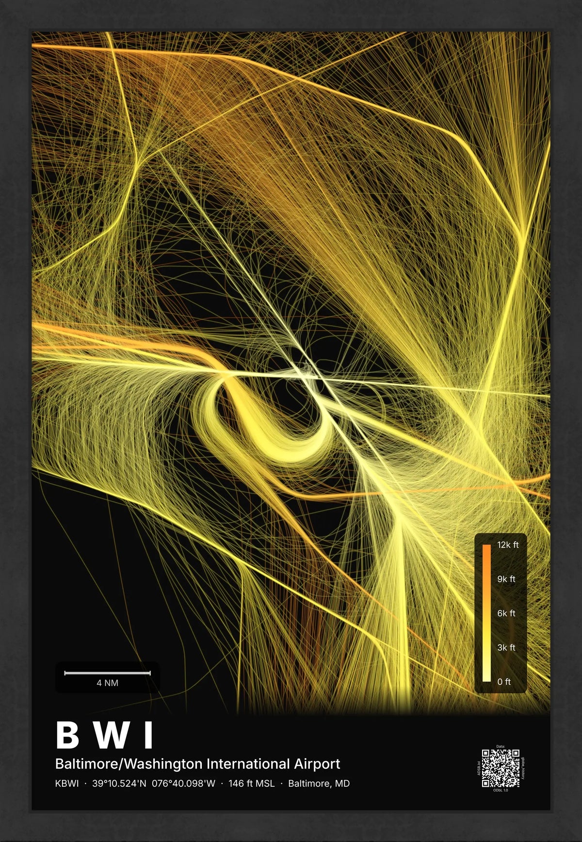 BWI flight path print — Solana theme · Dark [material:framed_black]