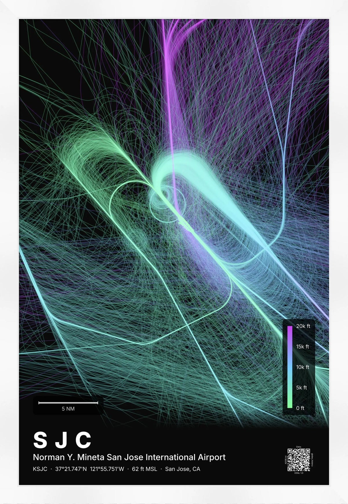 SJC flight path map — Prism theme · Dark [material:framed_white]