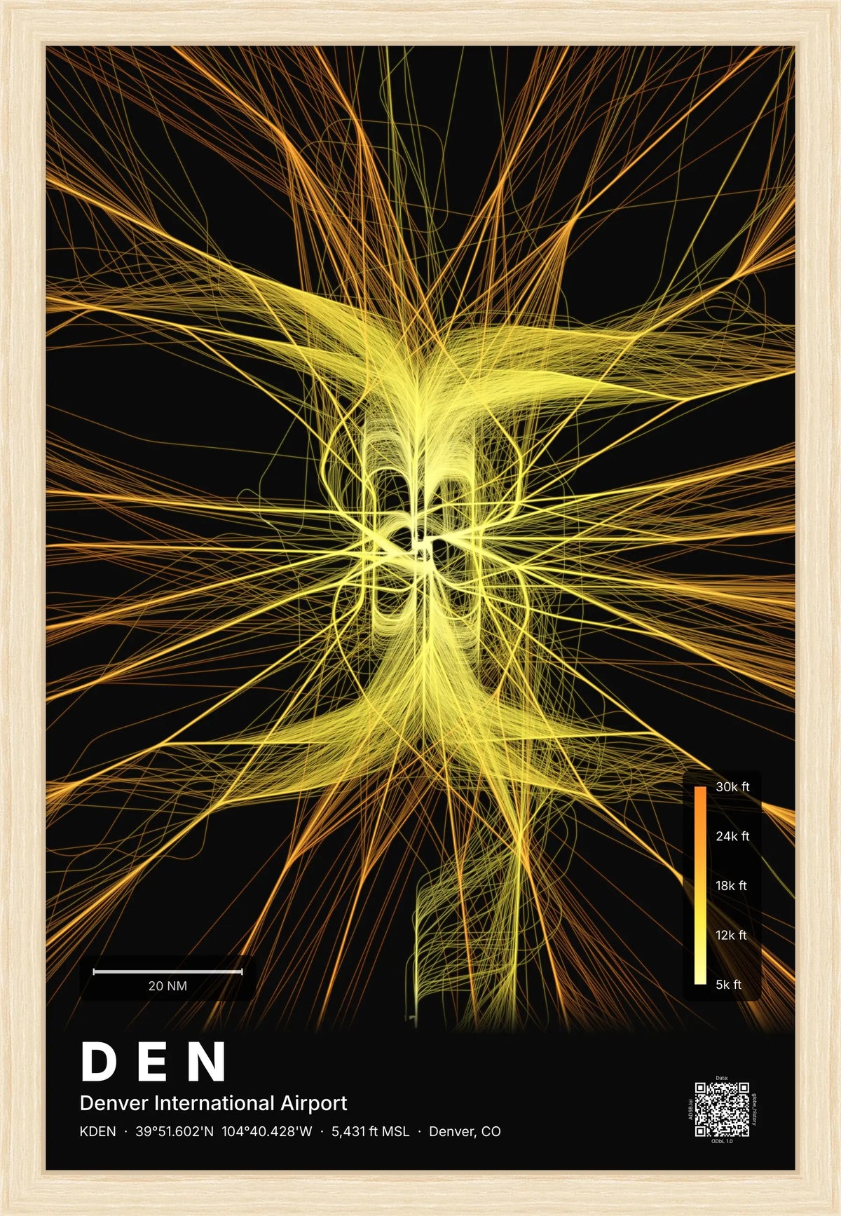 DEN flight path print — Solana theme · Dark [material:framed_natural]