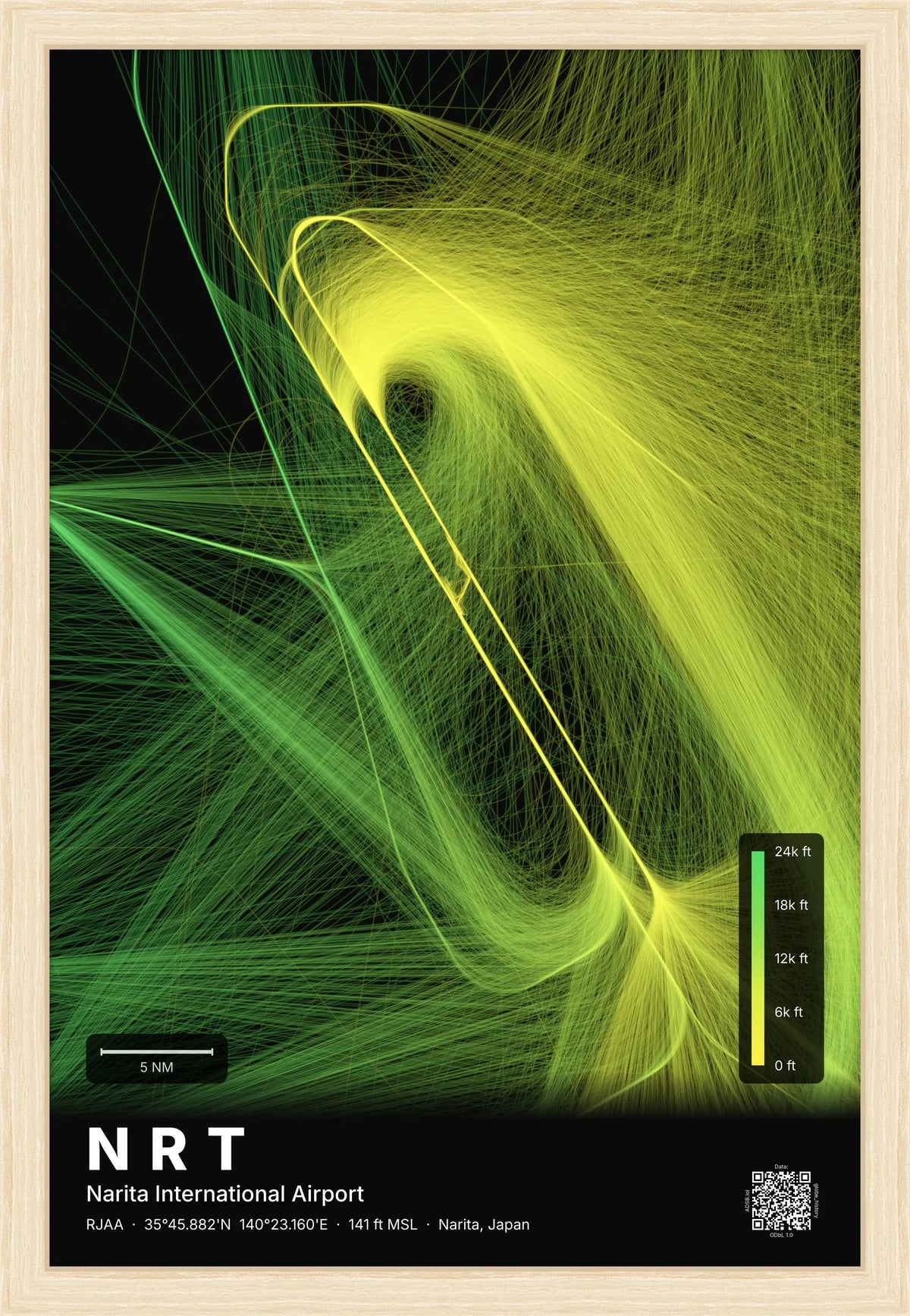 NRT flight path map — Citrus theme · Dark [material:framed_natural]