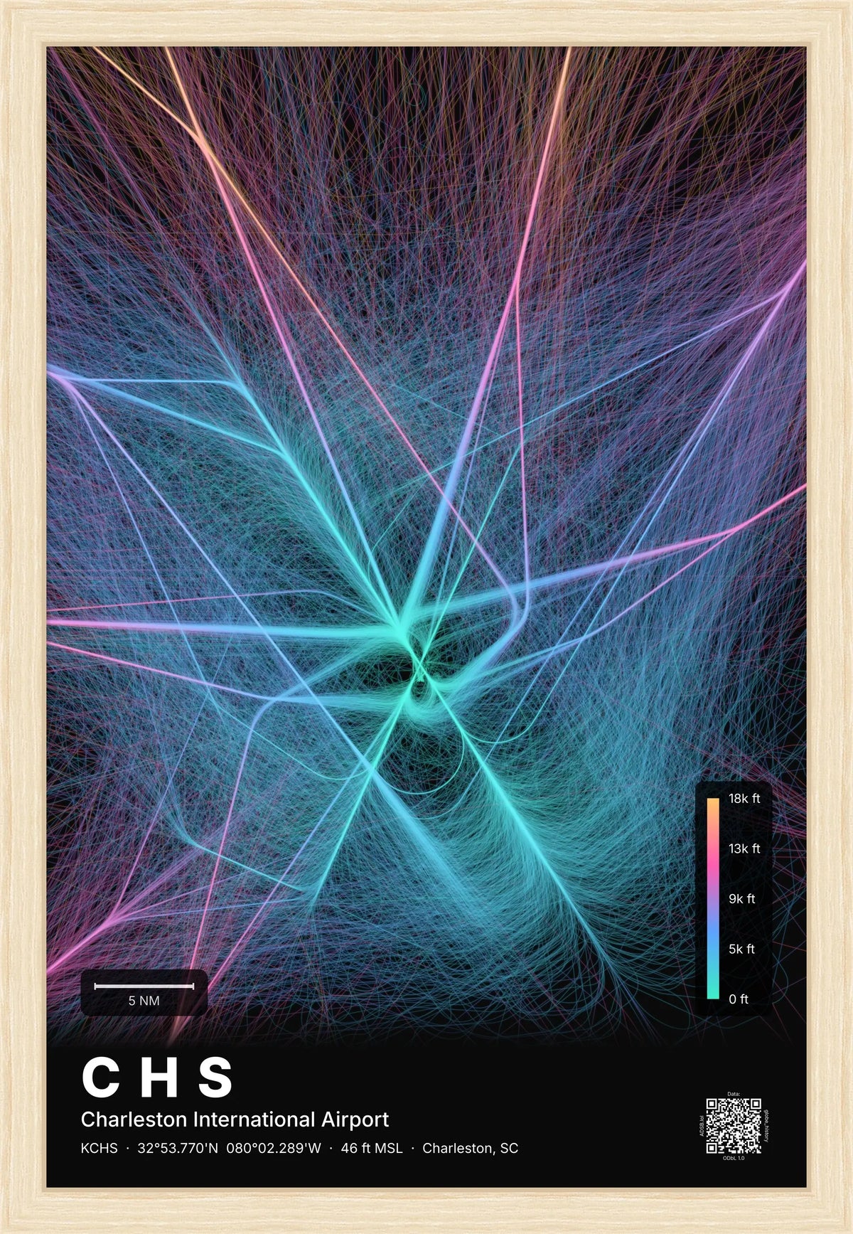 CHS flight path print — Aurora theme · Dark [material:framed_natural]