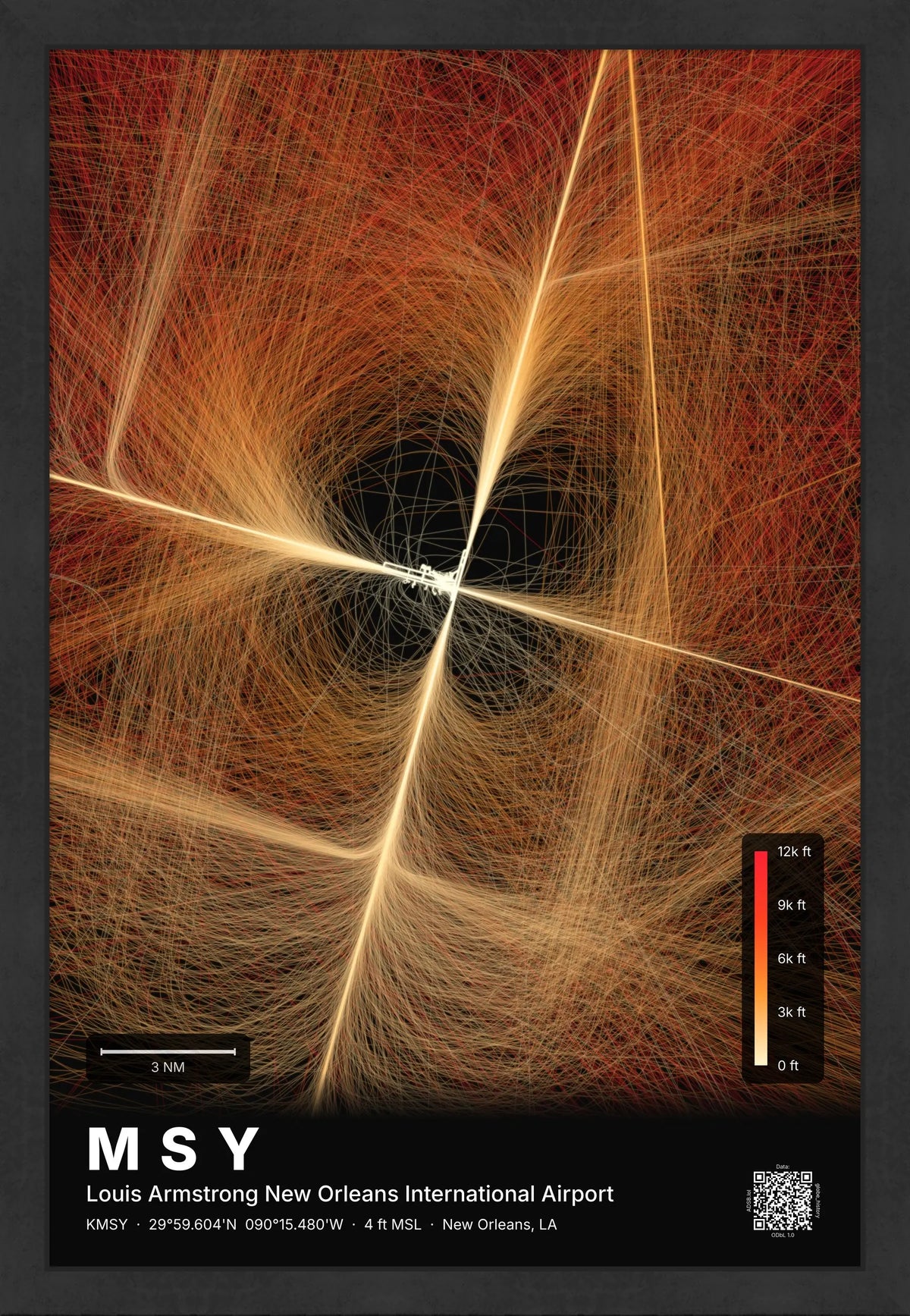 MSY flight path print — Inferno theme · Dark [material:framed_black]