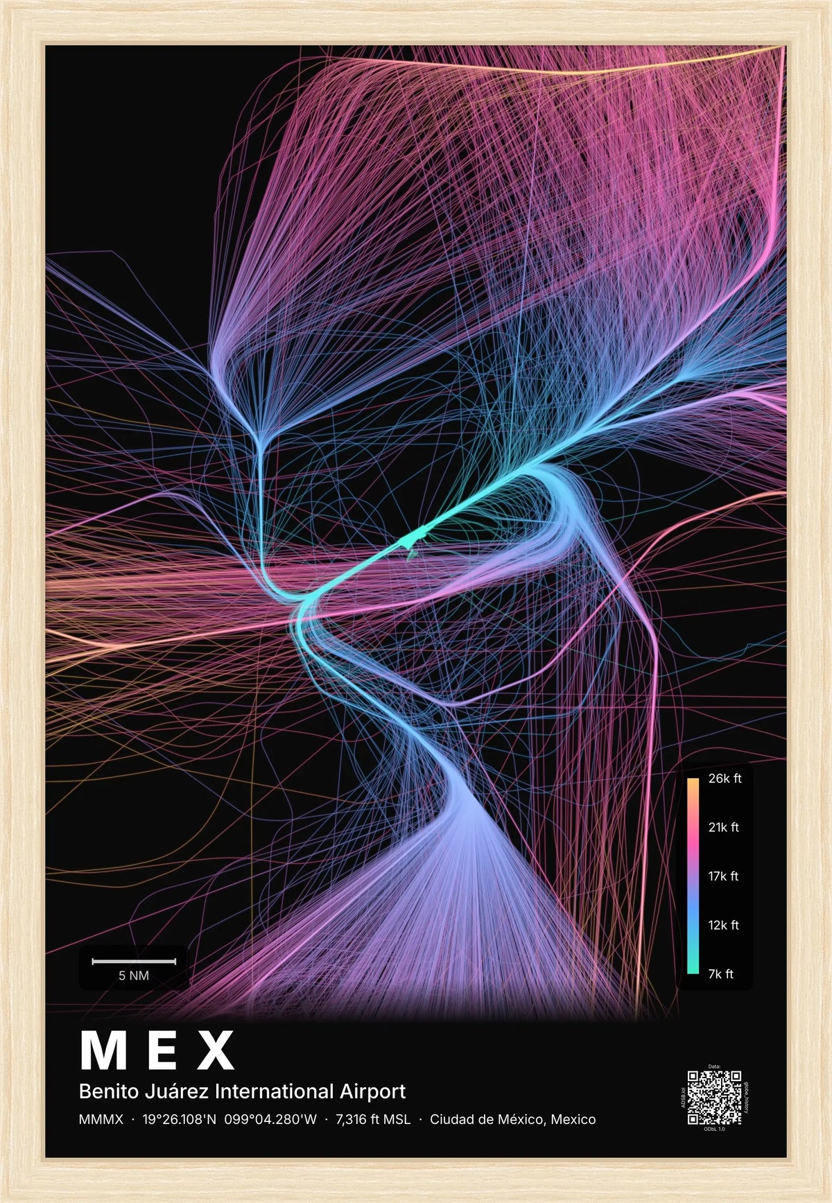 MEX flight path map — Aurora theme · Dark [material:framed_natural]