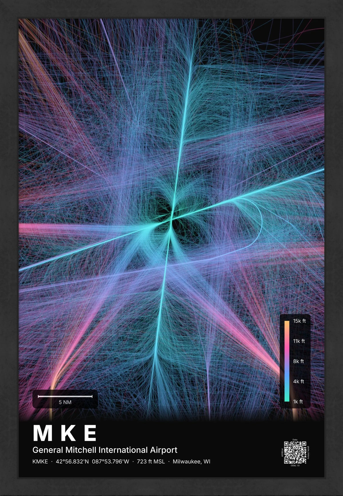 MKE flight path print — Aurora theme · Dark [material:framed_black]