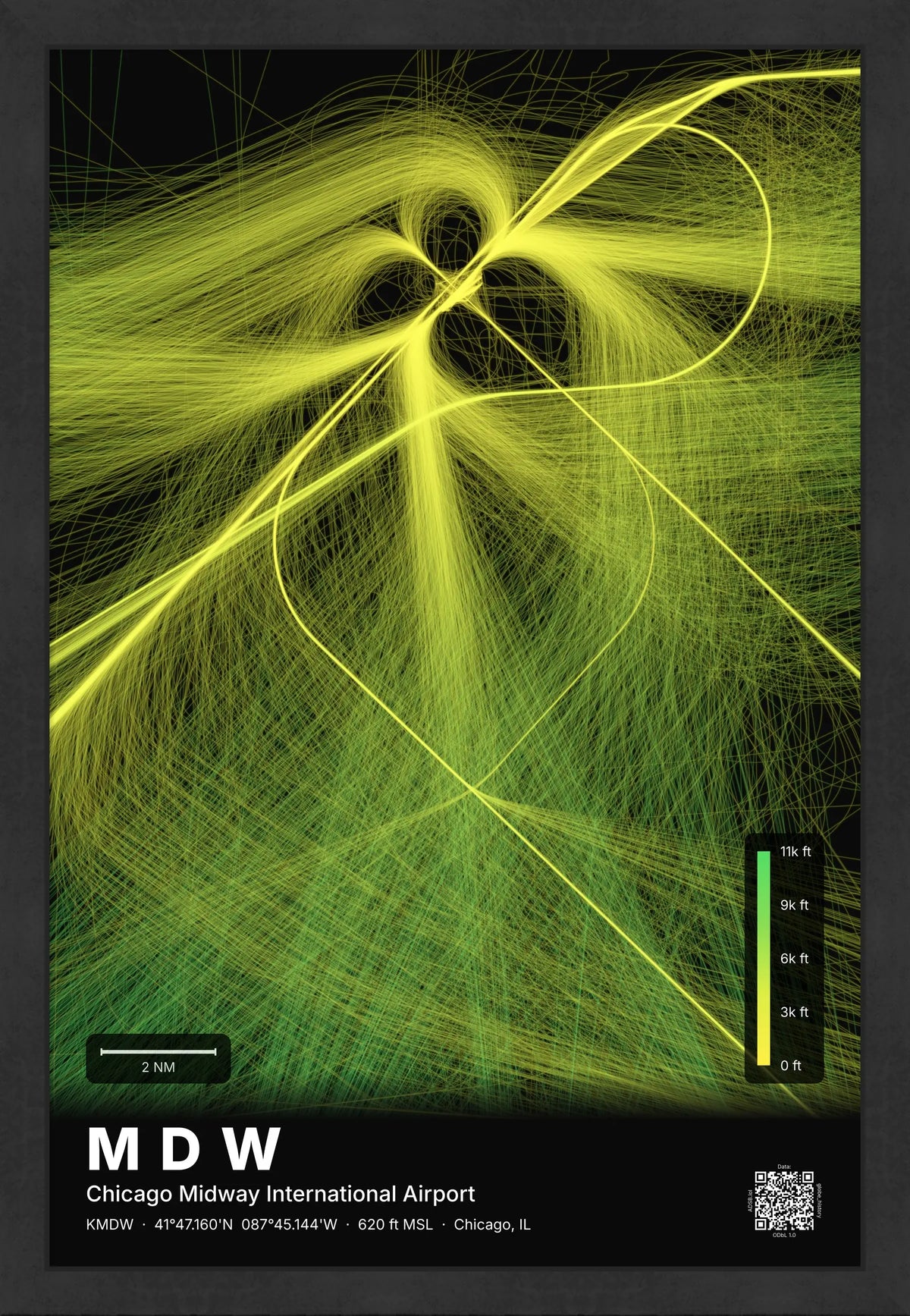 MDW flight path print — Citrus theme · Dark [material:framed_black]