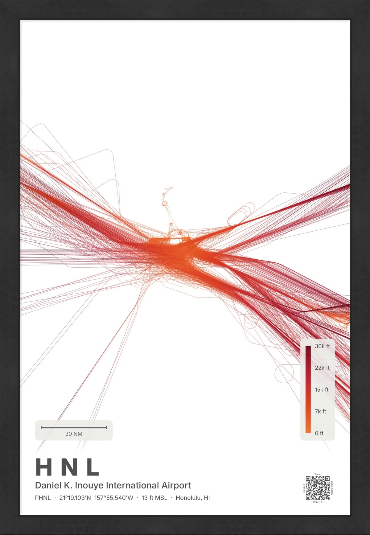 HNL flight path print — Inferno theme · Light [material:framed_black]
