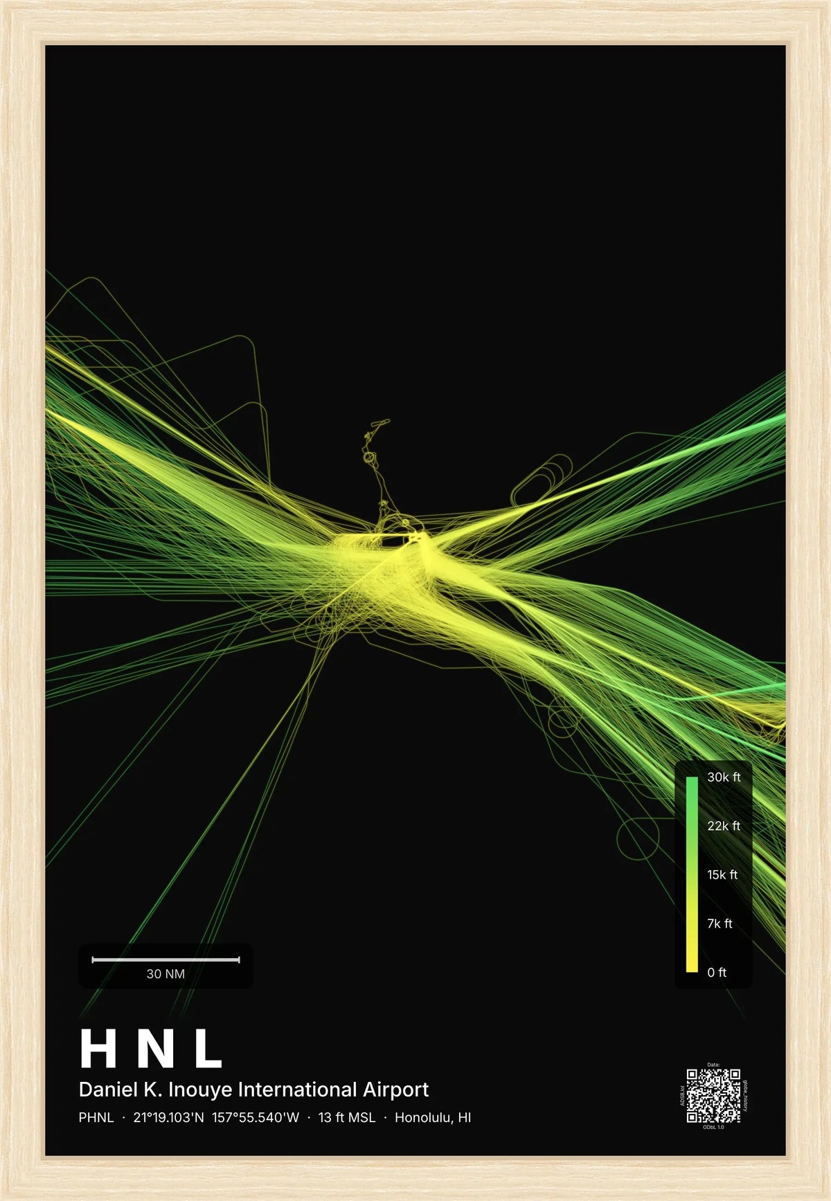 HNL flight path print — Citrus theme · Dark [material:framed_natural]