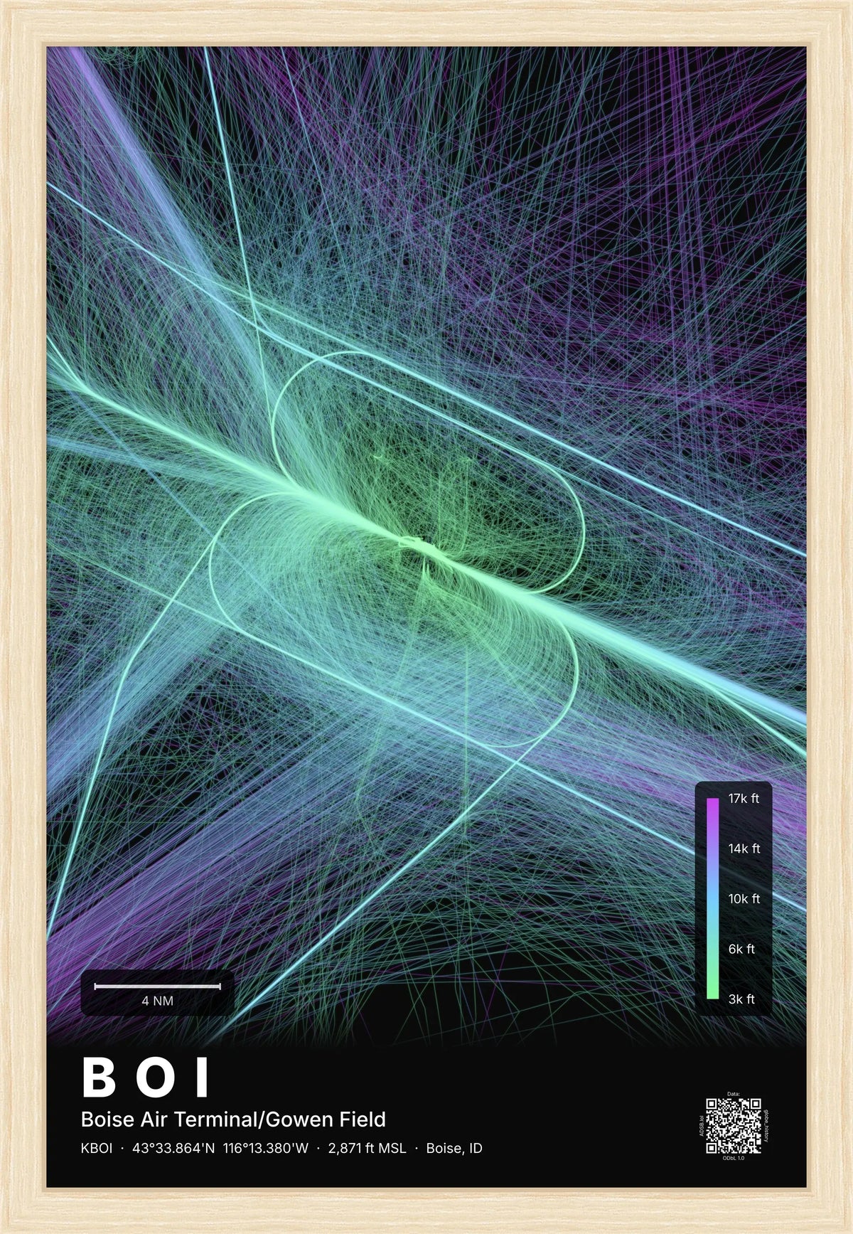 BOI flight path print — Prism theme · Dark [material:framed_natural]