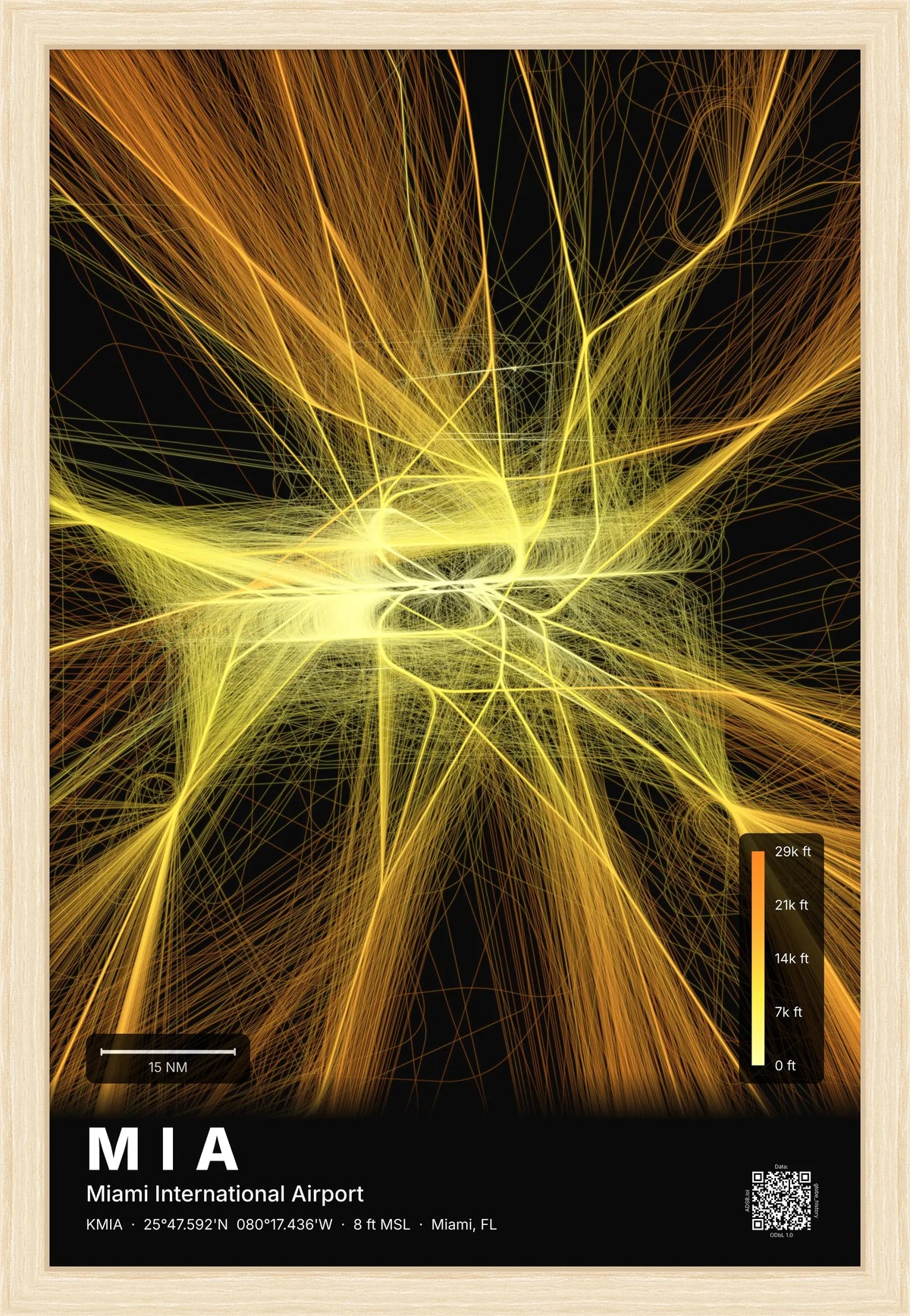 MIA flight path print — Solana theme · Dark [material:framed_natural]