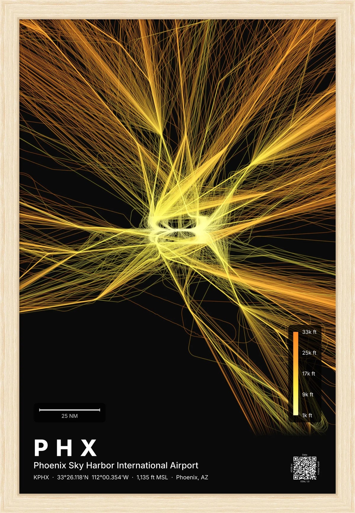 PHX flight path print — Solana theme · Dark [material:framed_natural]