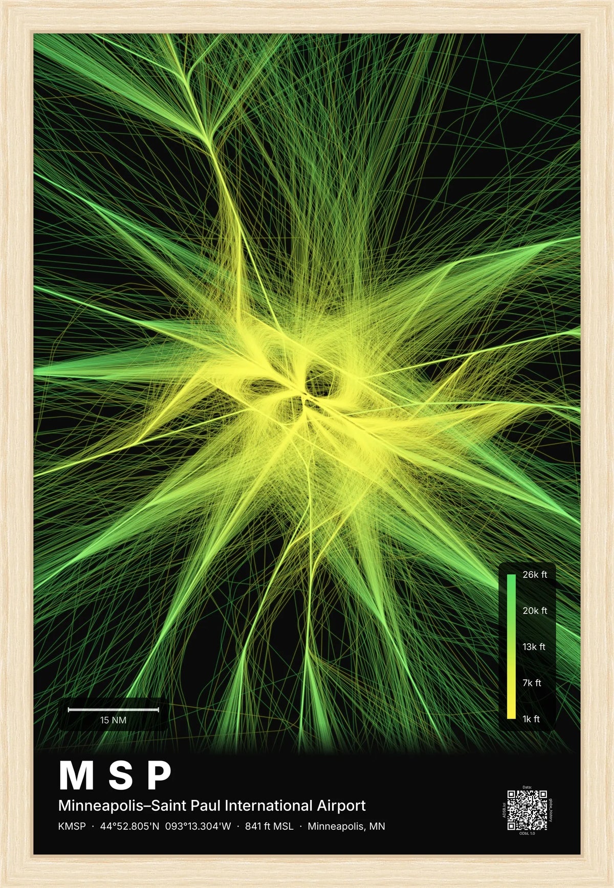 MSP flight path print — Citrus theme · Dark [material:framed_natural]