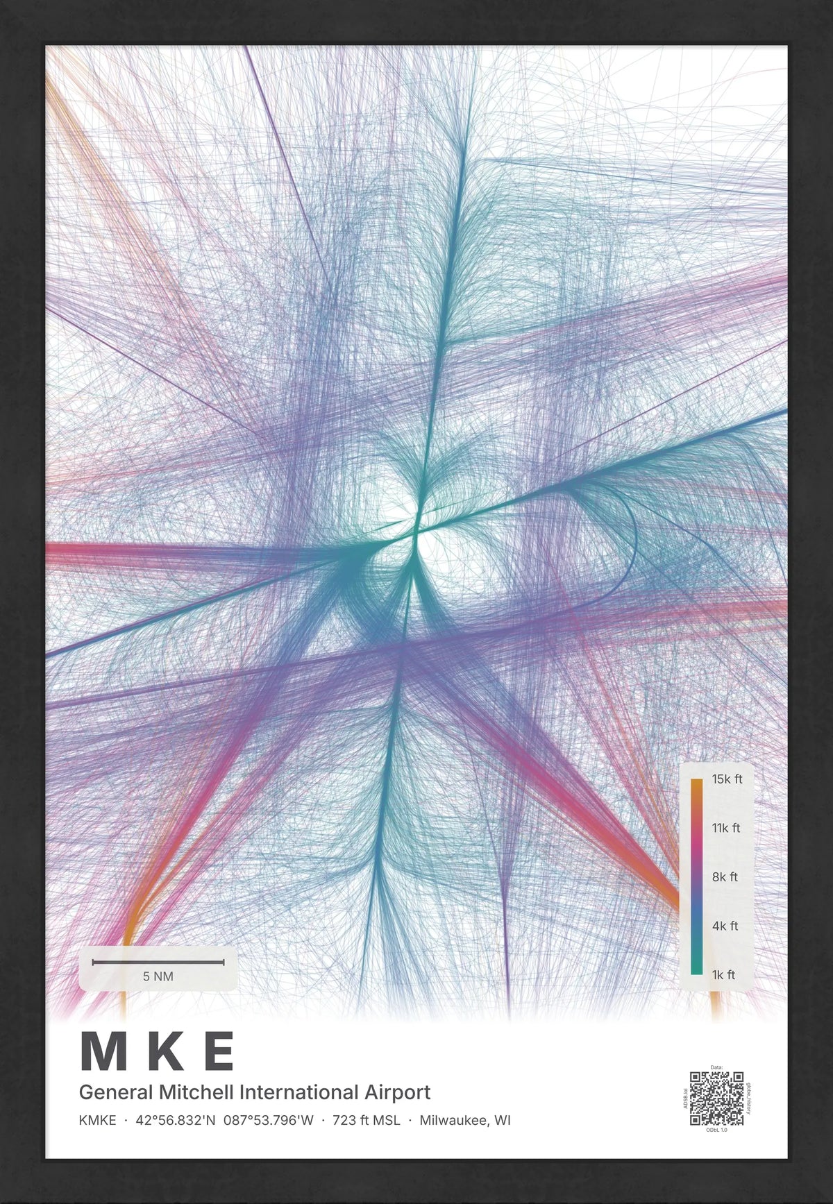 MKE flight path print — Aurora theme · Light [material:framed_black]